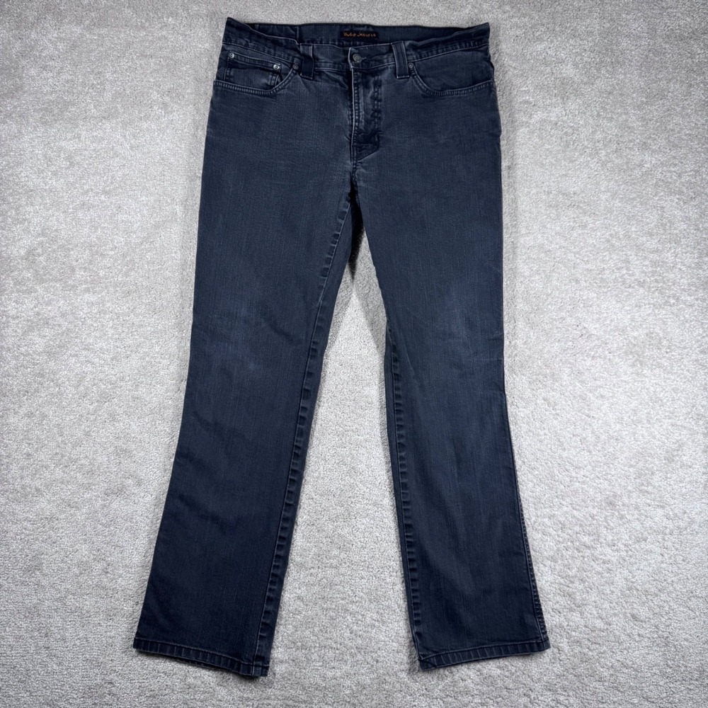 Nudie Jeans Co Mens Faded Black Denim Straight Leg Jeans 36x34 Button Fly Skater